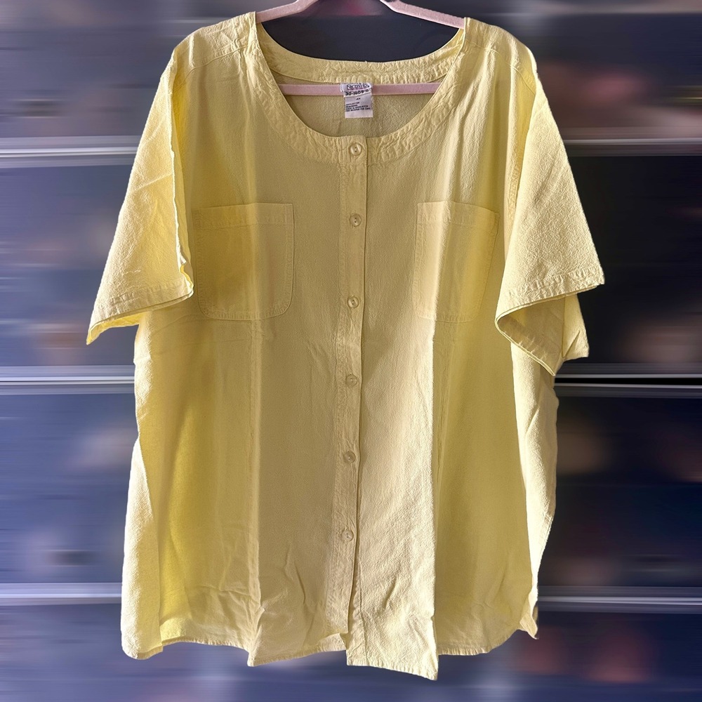 Only Necessities Yellow Cotton Button Down Short Sleeve Shirt Plus Size 4X